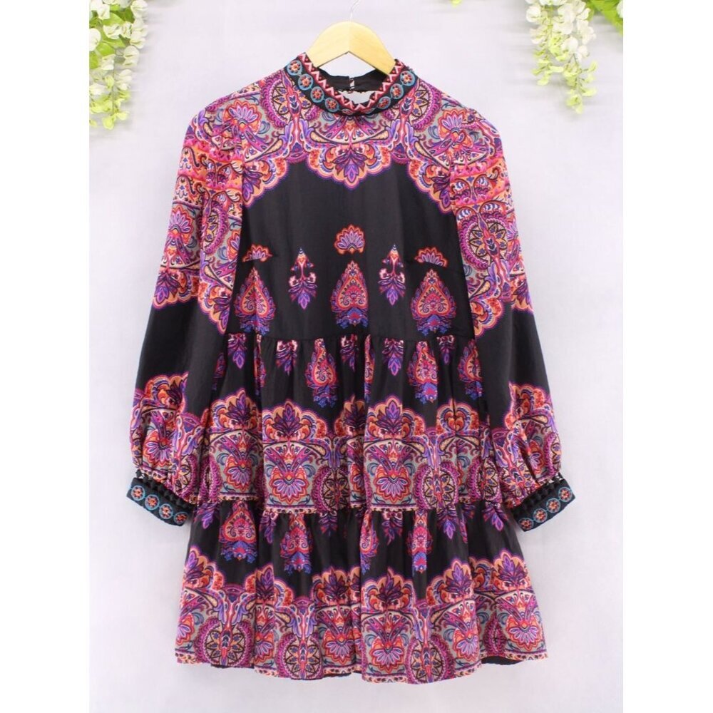 Anthropologie Women's Tiered Mix Print Mini Dress Multi Color Sz 4